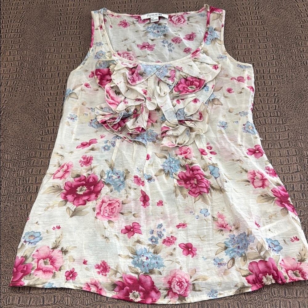 Forever 21 Small Floral Sleeveless Exaggerated Ruffle Top Cream Pink Blue